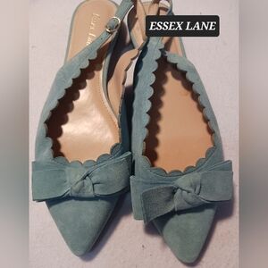 Essex Lane Women's Teal Suede Flats with Bow Slingback Womens 8.5